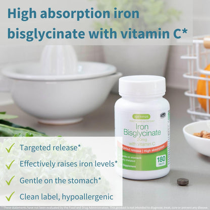 Igennus Clean Iron Bisglycinat 20mg mit Vitamin C – 6-Monats-Vorrat, sanfte hochabsorbierbare Formel mit gezielter Freisetzung, für Frauen und Männer, 1 Tablette täglich, vegan, 180 Tabletten