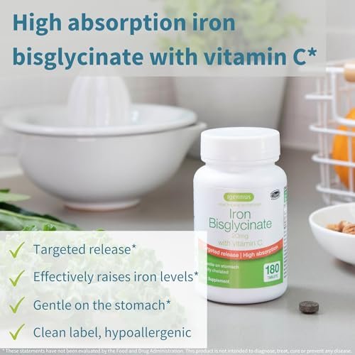 Igennus Clean Iron Bisglycinat 20mg mit Vitamin C – 6-Monats-Vorrat, sanfte hochabsorbierbare Formel mit gezielter Freisetzung, für Frauen und Männer, 1 Tablette täglich, vegan, 180 Tabletten