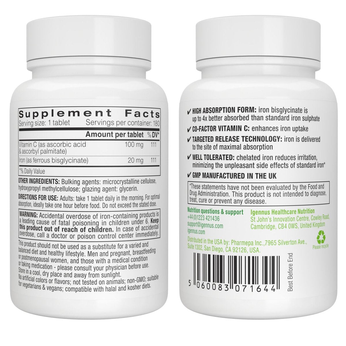 Igennus Clean Iron Bisglycinat 20mg mit Vitamin C – 6-Monats-Vorrat, sanfte hochabsorbierbare Formel mit gezielter Freisetzung, für Frauen und Männer, 1 Tablette täglich, vegan, 180 Tabletten