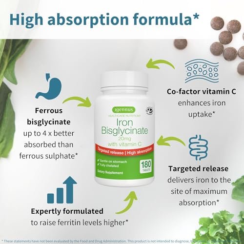 Igennus Clean Iron Bisglycinat 20mg mit Vitamin C – 6-Monats-Vorrat, sanfte hochabsorbierbare Formel mit gezielter Freisetzung, für Frauen und Männer, 1 Tablette täglich, vegan, 180 Tabletten