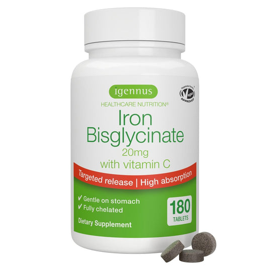 Igennus Clean Iron Bisglycinat 20mg mit Vitamin C – 6-Monats-Vorrat, sanfte hochabsorbierbare Formel mit gezielter Freisetzung, für Frauen und Männer, 1 Tablette täglich, vegan, 180 Tabletten
