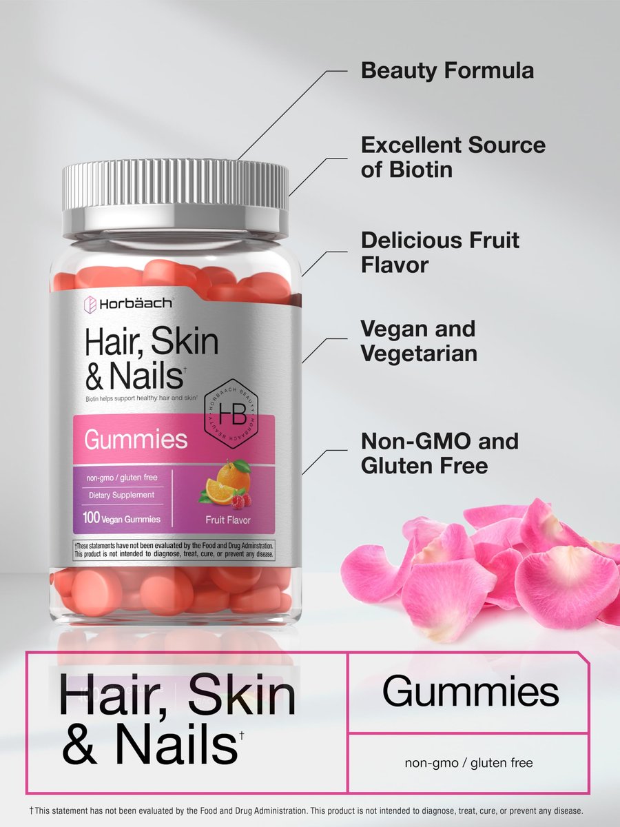 Horbäach Haar, Haut und Nägel Gummibärchen | 100 Stück | mit Biotin | Fruchtgeschmack | Nahrungsergänzungsmittel, Nicht-GVO, Glutenfrei