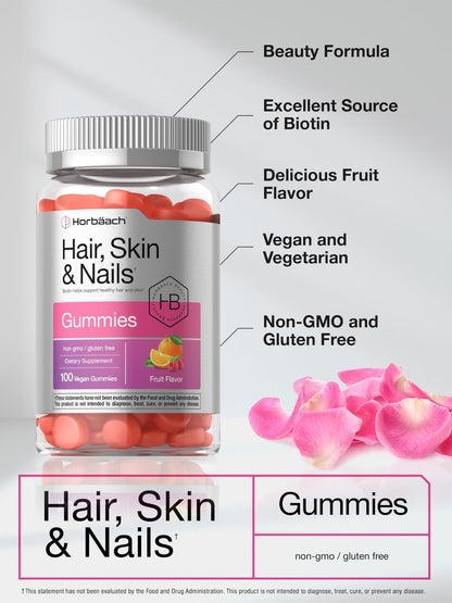 Horbäach Haar, Haut und Nägel Gummibärchen | 100 Stück | mit Biotin | Fruchtgeschmack | Nahrungsergänzungsmittel, Nicht-GVO, Glutenfrei