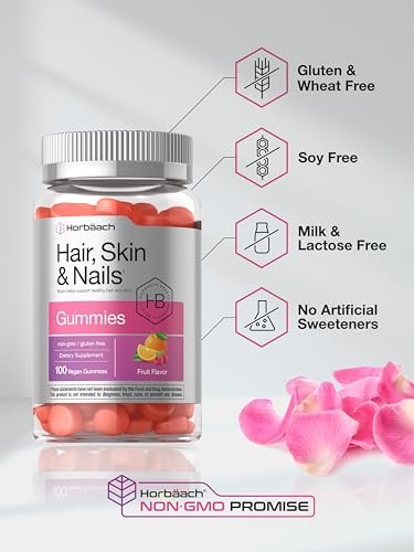 Horbäach Haar, Haut und Nägel Gummibärchen | 100 Stück | mit Biotin | Fruchtgeschmack | Nahrungsergänzungsmittel, Nicht-GVO, Glutenfrei