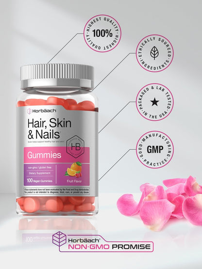 Horbäach Haar, Haut und Nägel Gummibärchen | 100 Stück | mit Biotin | Fruchtgeschmack | Nahrungsergänzungsmittel, Nicht-GVO, Glutenfrei