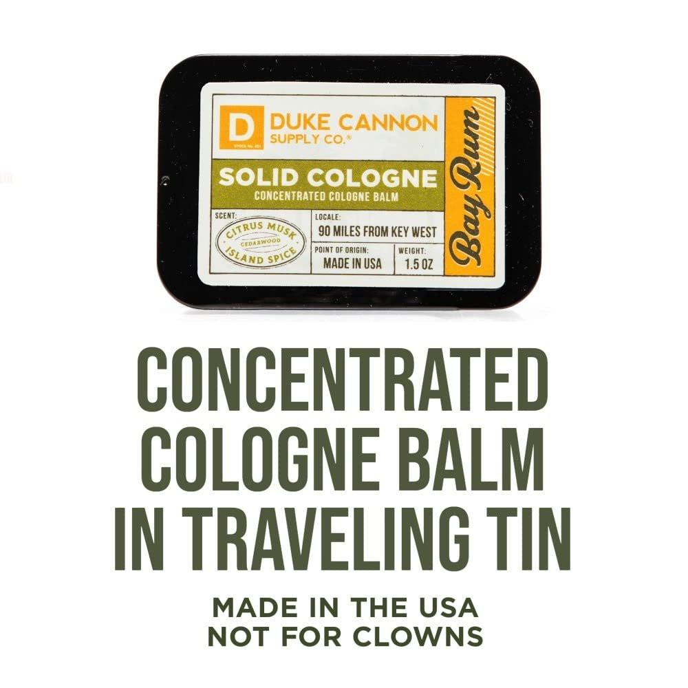 Duke Cannon Supply Co. Solid Cologne für Männer – Bay Rum (Zitrus-Moschus, Zedernholz, Inselgewürz) – Konzentrierter Balsam, Reisefreundliche Dose, 43 g