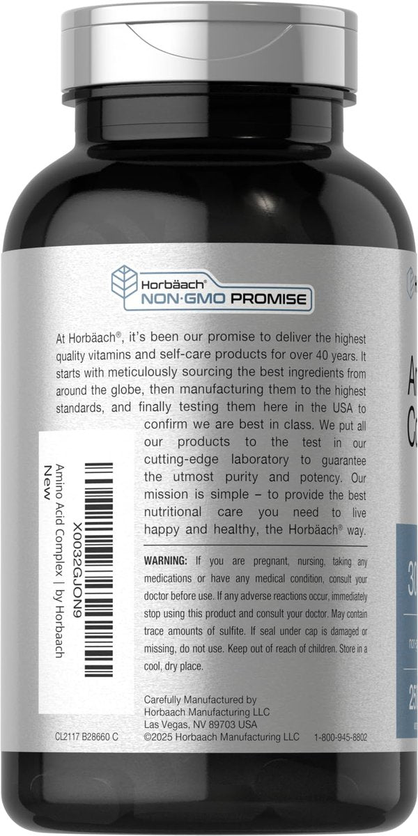 Horbäach Aminosäure-Komplex 3000 mg | 250 Kapseln | Non-GMO, Glutenfrei