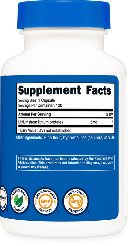 Nutricost Lithiumorotat 5 mg, 120 Kapseln - Vegane Kapseln, Nicht-GVO, Glutenfrei