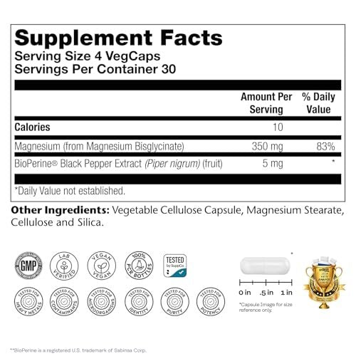 SOLARAY Magnesium Glycinat Kapseln, cheliertes Magnesiumbisglycinat mit BioPerin, hochabsorbierendes Magnesiumpräparat – Knochen-, Muskel-, Herzunterstützung, vegan (30 Portionen, 120 Kapseln)