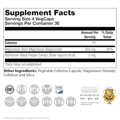 SOLARAY Magnesium Glycinat Kapseln, cheliertes Magnesiumbisglycinat mit BioPerin, hochabsorbierendes Magnesiumpräparat – Knochen-, Muskel-, Herzunterstützung, vegan (30 Portionen, 120 Kapseln)