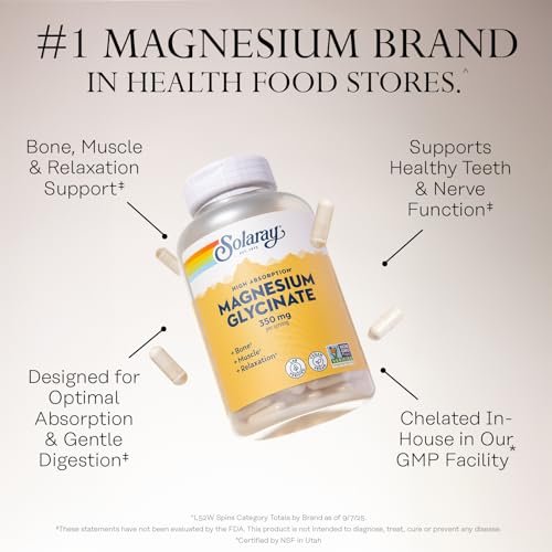 SOLARAY Magnesium Glycinat Kapseln, cheliertes Magnesiumbisglycinat mit BioPerin, hochabsorbierendes Magnesiumpräparat – Knochen-, Muskel-, Herzunterstützung, vegan (30 Portionen, 120 Kapseln)