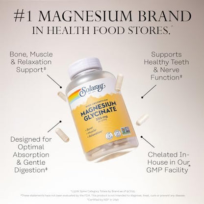 SOLARAY Magnesium Glycinat Kapseln, cheliertes Magnesiumbisglycinat mit BioPerin, hochabsorbierendes Magnesiumpräparat – Knochen-, Muskel-, Herzunterstützung, vegan (30 Portionen, 120 Kapseln)