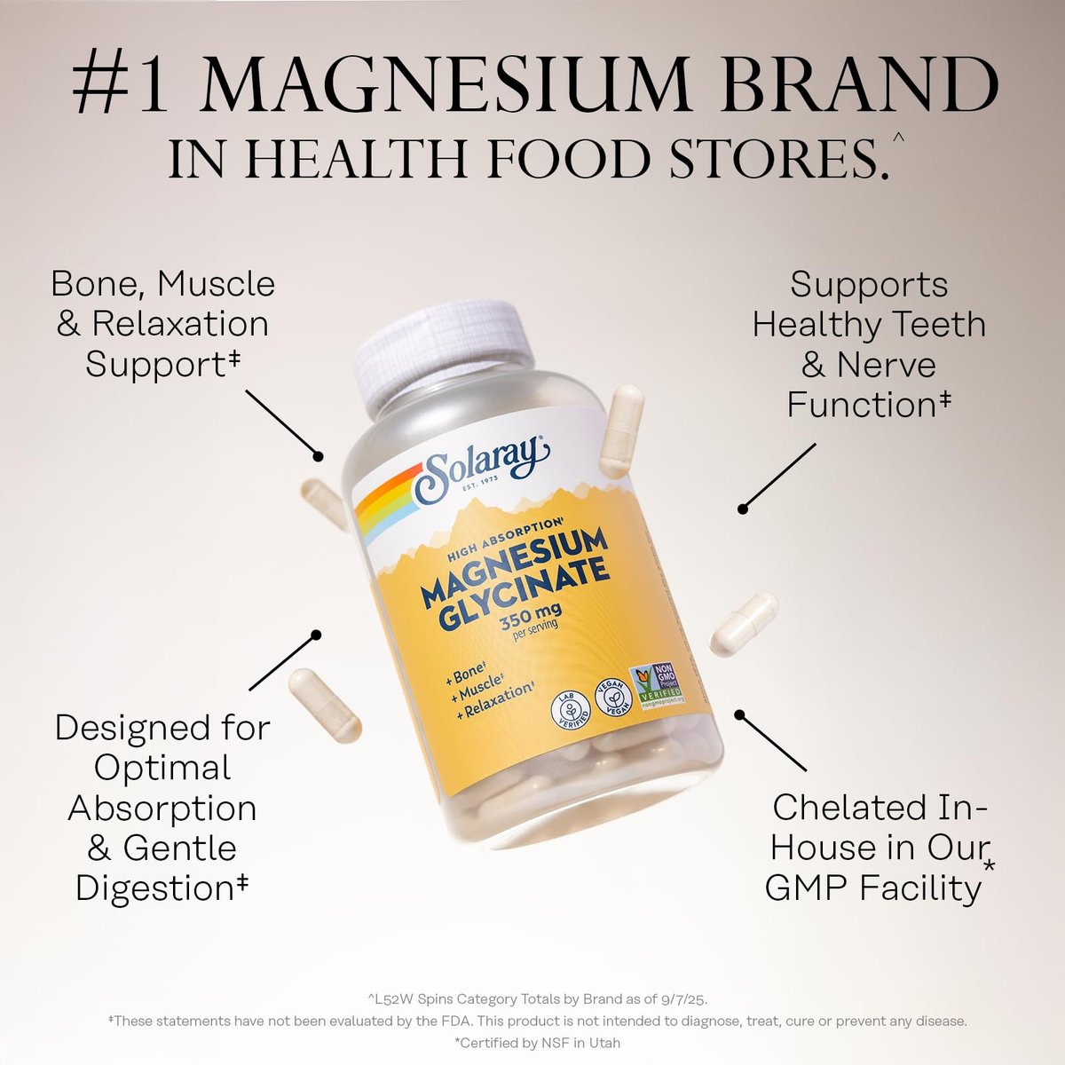 SOLARAY Magnesium Glycinat Kapseln, cheliertes Magnesiumbisglycinat mit BioPerin, hochabsorbierendes Magnesiumpräparat – Knochen-, Muskel-, Herzunterstützung, vegan (30 Portionen, 120 Kapseln)