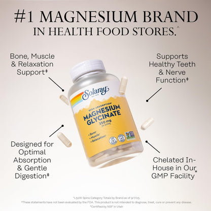 SOLARAY Magnesium Glycinat Kapseln, cheliertes Magnesiumbisglycinat mit BioPerin, hochabsorbierendes Magnesiumpräparat – Knochen-, Muskel-, Herzunterstützung, vegan (30 Portionen, 120 Kapseln)