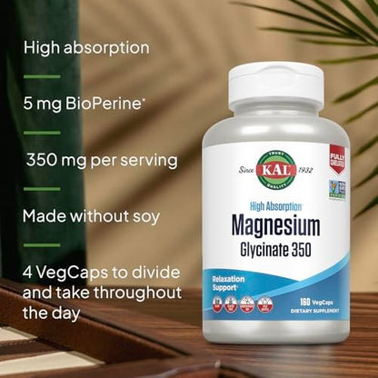 KAL Magnesium Glycinat Kapseln, Vollständig cheliertes Magnesiumbisglycinat, Hochabsorbierendes Magnesiumpräparat für gesunde Knochen, Muskeln, Entspannung und Stressunterstützung, Nicht-GVO, 160 Kapseln