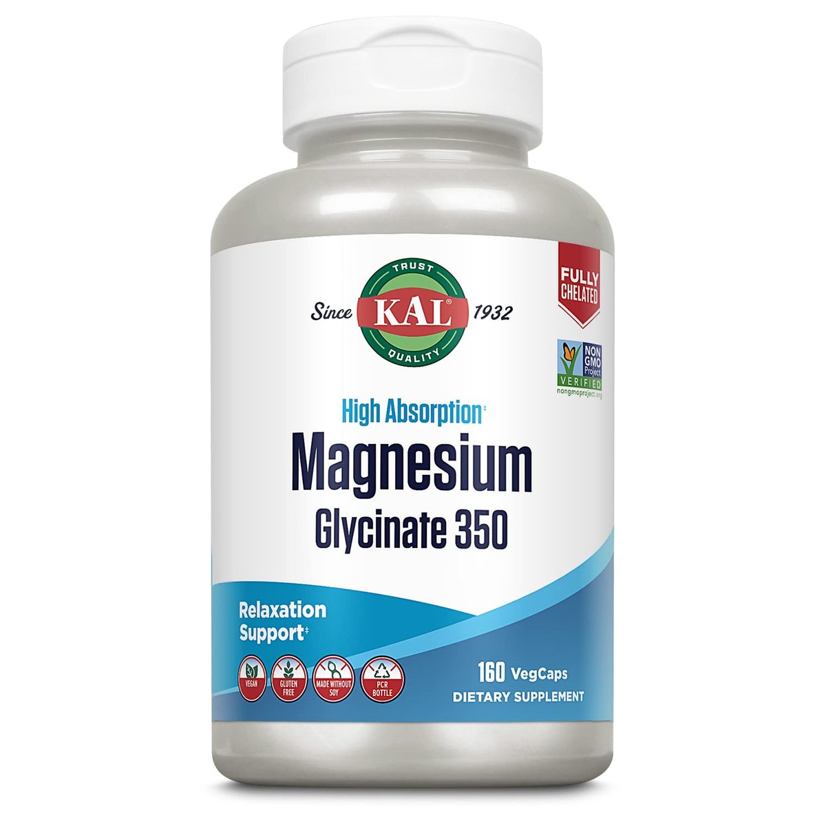 KAL Magnesium Glycinat Kapseln, Vollständig cheliertes Magnesiumbisglycinat, Hochabsorbierendes Magnesiumpräparat für gesunde Knochen, Muskeln, Entspannung und Stressunterstützung, Nicht-GVO, 160 Kapseln
