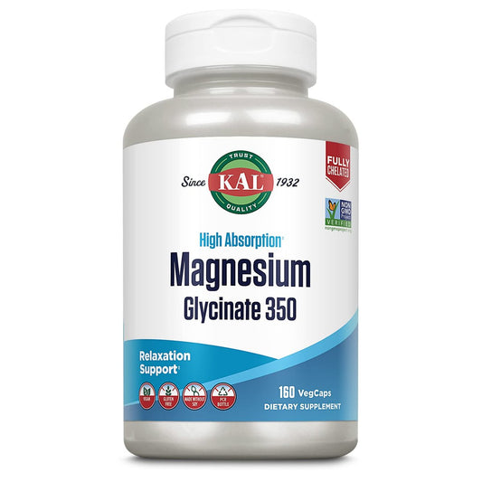 KAL Magnesium Glycinat Kapseln, Vollständig cheliertes Magnesiumbisglycinat, Hochabsorbierendes Magnesiumpräparat für gesunde Knochen, Muskeln, Entspannung und Stressunterstützung, Nicht-GVO, 160 Kapseln