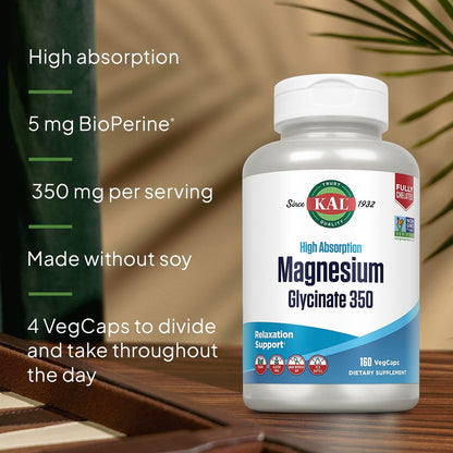 KAL Magnesium Glycinat Kapseln, Vollständig cheliertes Magnesiumbisglycinat, Hochabsorbierendes Magnesiumpräparat für gesunde Knochen, Muskeln, Entspannung und Stressunterstützung, Nicht-GVO, 160 Kapseln