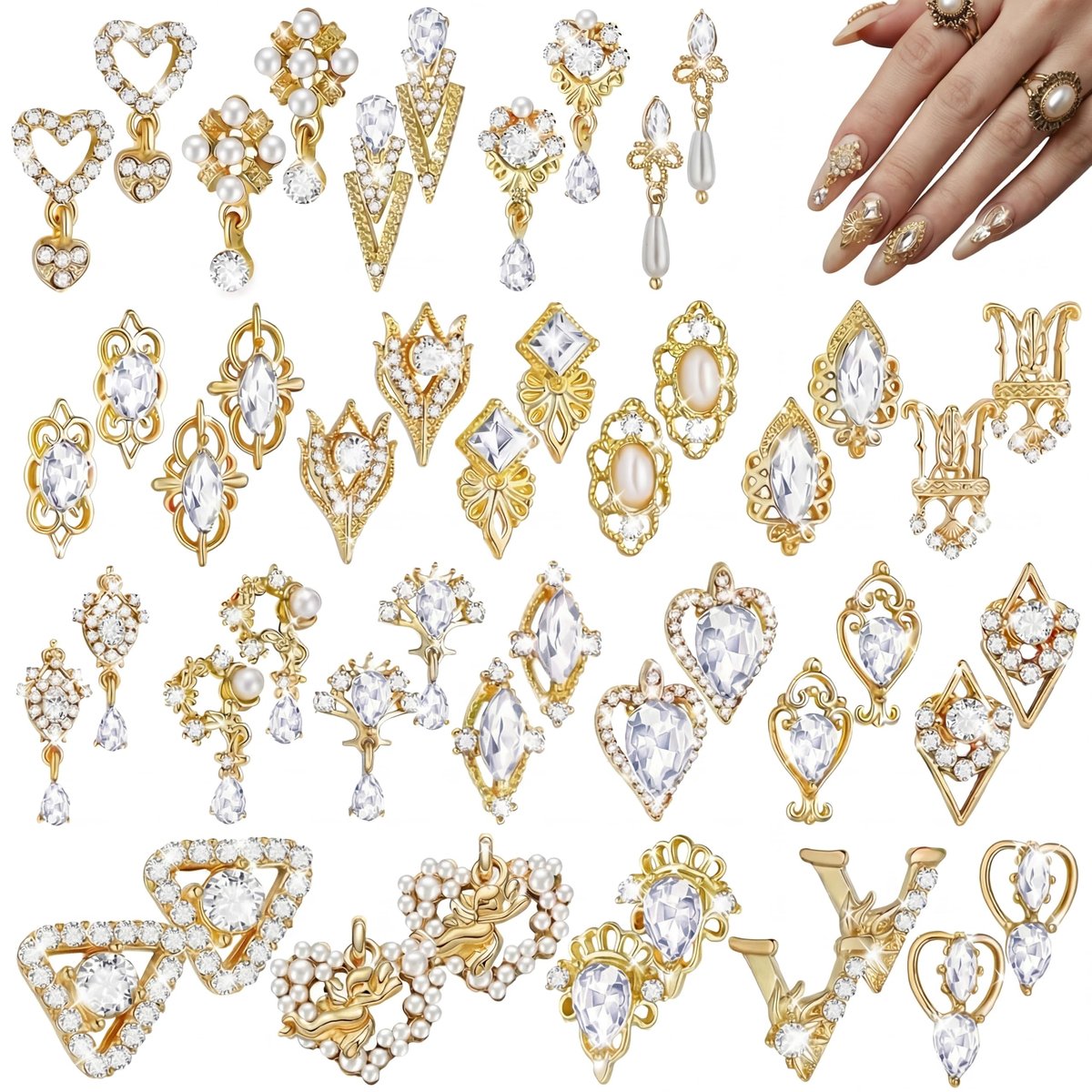 Maitys 52-teilige goldene Nagelverzierungen, Strasssteine, Luxus-3D-funkelnde Kristall-Anhänger für Frauen, Y2K Kawaii Acryl-Nagelspitzen, DIY-Bastelschmuck, Junk-Journal-Dekoration