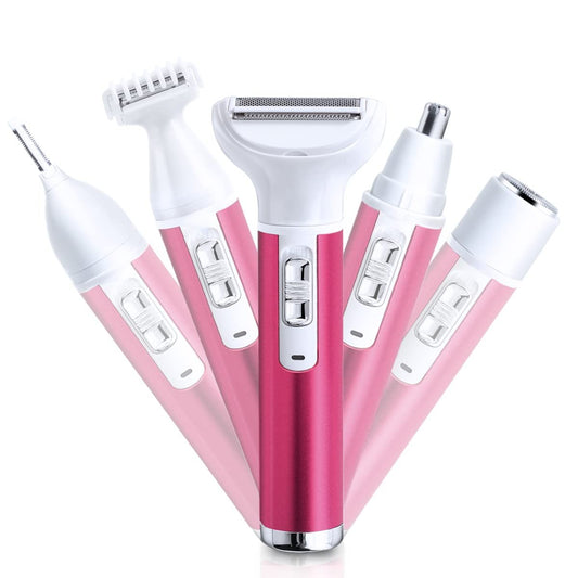 ANFOOS 5-in-1 Elektrischer Rasierer für Frauen – Schmerzfreier Haarentferner für Körper, Gesicht, Nase, Augenbrauen, Beine, Achseln, Bikini- und Intimbereich – Wiederaufladbarer Damenrasierer-Set