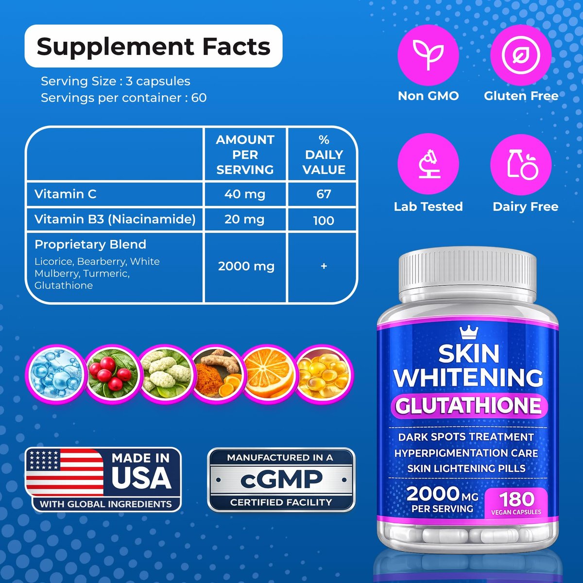 Glutathione Whitening Pills - 180 Kapseln 2000mg Glutathion - Wirksame Hautaufhellung - Dunkle Flecken, Melasma & Aknenarben Entferner, Hyperpigmentierung Behandlung - Anti-Aging Antioxidans