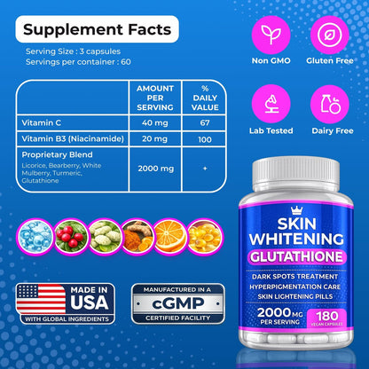 Glutathione Whitening Pills - 180 Kapseln 2000mg Glutathion - Wirksame Hautaufhellung - Dunkle Flecken, Melasma & Aknenarben Entferner, Hyperpigmentierung Behandlung - Anti-Aging Antioxidans