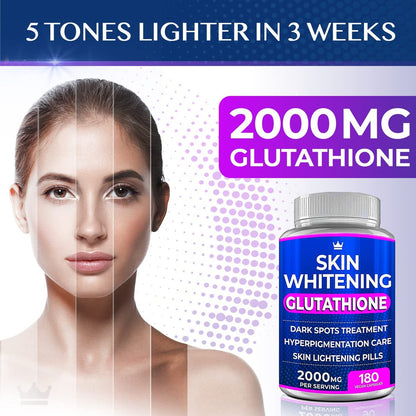 Glutathione Whitening Pills - 180 Kapseln 2000mg Glutathion - Wirksame Hautaufhellung - Dunkle Flecken, Melasma & Aknenarben Entferner, Hyperpigmentierung Behandlung - Anti-Aging Antioxidans