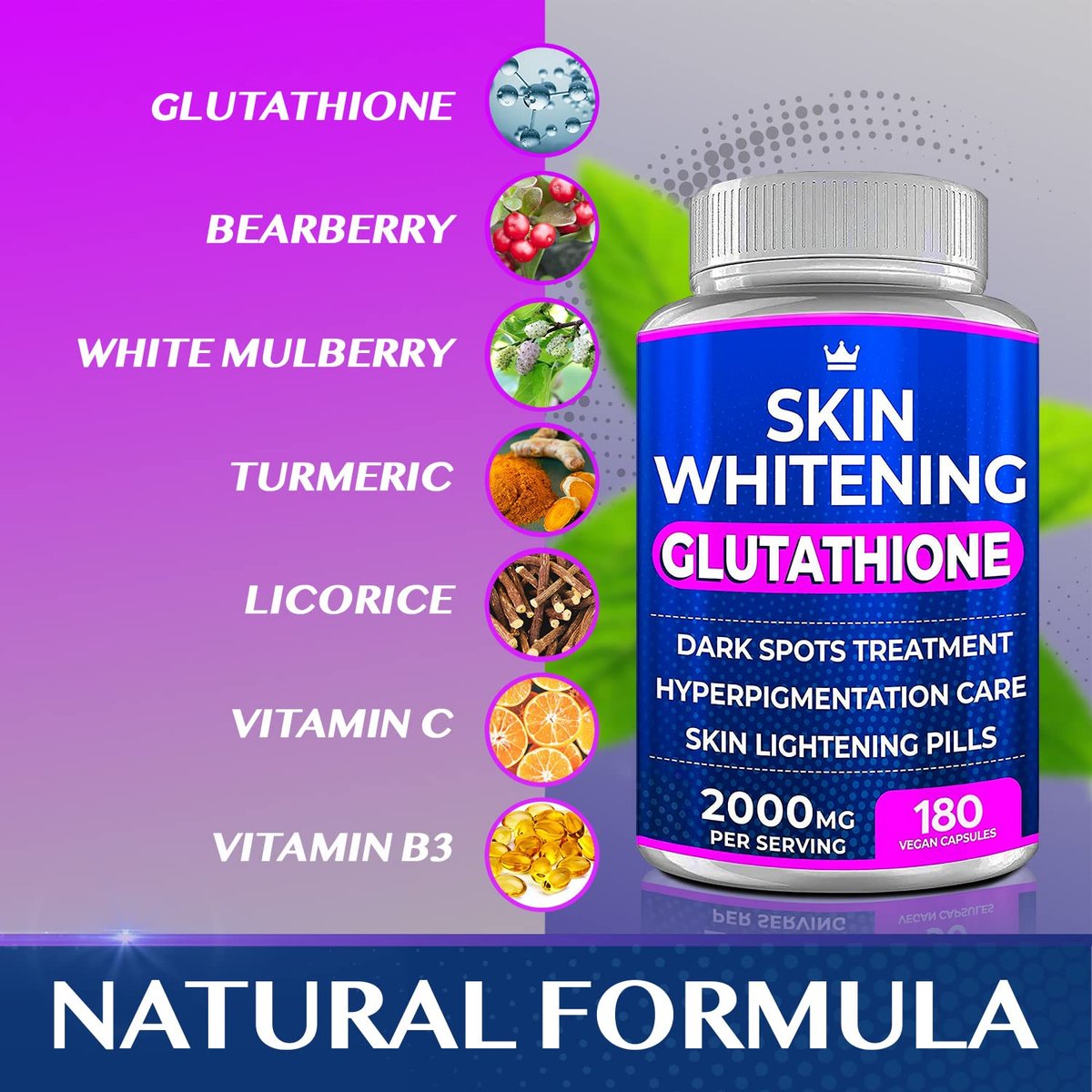 Glutathione Whitening Pills - 180 Kapseln 2000mg Glutathion - Wirksame Hautaufhellung - Dunkle Flecken, Melasma & Aknenarben Entferner, Hyperpigmentierung Behandlung - Anti-Aging Antioxidans