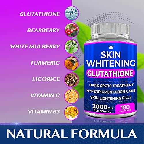 Glutathione Whitening Pills - 180 Kapseln 2000mg Glutathion - Wirksame Hautaufhellung - Dunkle Flecken, Melasma & Aknenarben Entferner, Hyperpigmentierung Behandlung - Anti-Aging Antioxidans