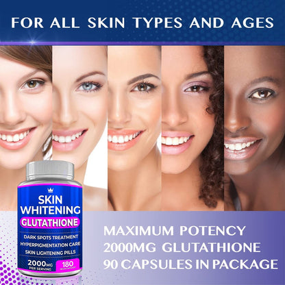 Glutathione Whitening Pills - 180 Kapseln 2000mg Glutathion - Wirksame Hautaufhellung - Dunkle Flecken, Melasma & Aknenarben Entferner, Hyperpigmentierung Behandlung - Anti-Aging Antioxidans