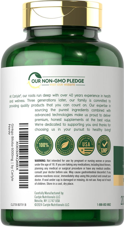 Carlyle Ginkgo Biloba Kapseln | 200 Kapseln mit Bacopa-Extrakt | Extra Stärke, Non-GMO und glutenfreies pflanzliches Nahrungsergänzungsmittel