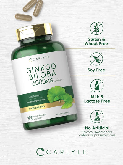Carlyle Ginkgo Biloba Kapseln | 200 Kapseln mit Bacopa-Extrakt | Extra Stärke, Non-GMO und glutenfreies pflanzliches Nahrungsergänzungsmittel