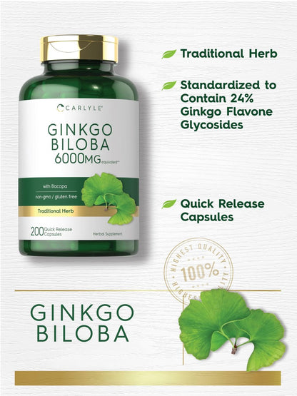 Carlyle Ginkgo Biloba Kapseln | 200 Kapseln mit Bacopa-Extrakt | Extra Stärke, Non-GMO und glutenfreies pflanzliches Nahrungsergänzungsmittel