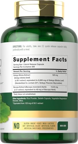 Carlyle Ginkgo Biloba Kapseln | 200 Kapseln mit Bacopa-Extrakt | Extra Stärke, Non-GMO und glutenfreies pflanzliches Nahrungsergänzungsmittel