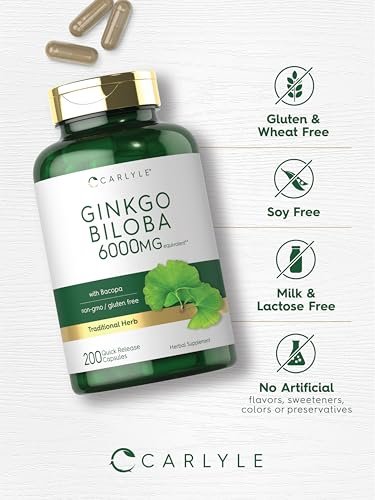 Carlyle Ginkgo Biloba Kapseln | 200 Kapseln mit Bacopa-Extrakt | Extra Stärke, Non-GMO und glutenfreies pflanzliches Nahrungsergänzungsmittel