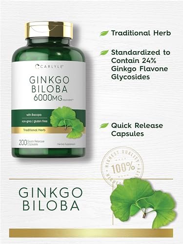 Carlyle Ginkgo Biloba Kapseln | 200 Kapseln mit Bacopa-Extrakt | Extra Stärke, Non-GMO und glutenfreies pflanzliches Nahrungsergänzungsmittel