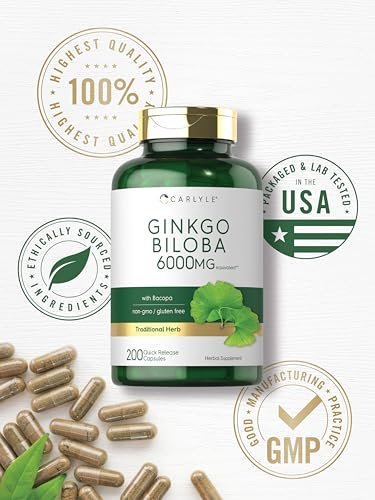 Carlyle Ginkgo Biloba Kapseln | 200 Kapseln mit Bacopa-Extrakt | Extra Stärke, Non-GMO und glutenfreies pflanzliches Nahrungsergänzungsmittel