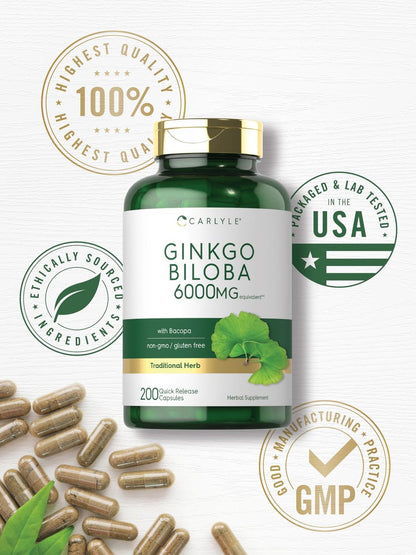 Carlyle Ginkgo Biloba Kapseln | 200 Kapseln mit Bacopa-Extrakt | Extra Stärke, Non-GMO und glutenfreies pflanzliches Nahrungsergänzungsmittel