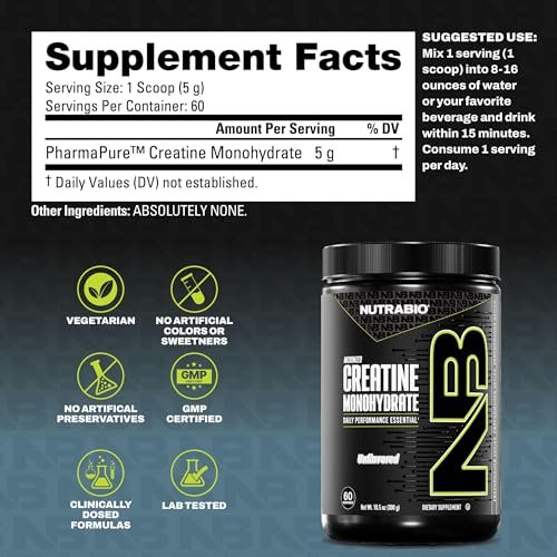 NutraBio Pure Micronized Creatine Monohydrat-Pulver, ungesüßt, 300 g – unterstützt Muskelenergie, Erholung und Kraft – HPLC-getestetes Creatin-Pulver für Männer und Frauen