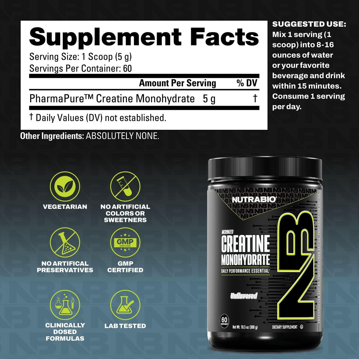 NutraBio Pure Micronized Creatine Monohydrat-Pulver, ungesüßt, 300 g – unterstützt Muskelenergie, Erholung und Kraft – HPLC-getestetes Creatin-Pulver für Männer und Frauen