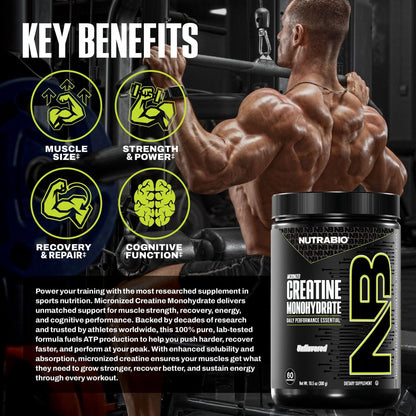 NutraBio Pure Micronized Creatine Monohydrat-Pulver, ungesüßt, 300 g – unterstützt Muskelenergie, Erholung und Kraft – HPLC-getestetes Creatin-Pulver für Männer und Frauen