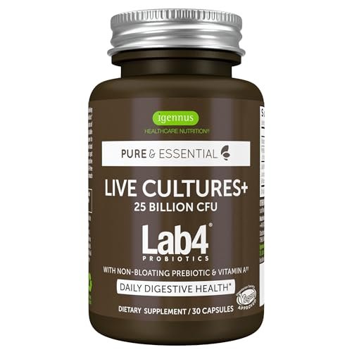 Igennus Probiotika & Präbiotikum 2 in 1, Lactobacillus Acidophilus & Bifidobacterium, Darmgesundheit, lebende Kulturen + Lab4, garantierte 25 Milliarden KBE, für Frauen & Männer, nicht blähend, ohne Gentechnik, 30 Kapseln