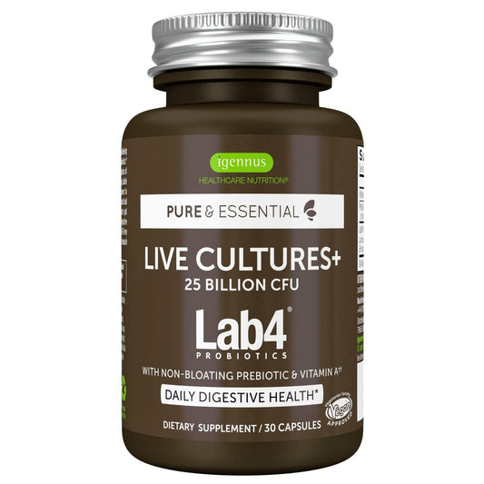 Igennus Probiotika & Präbiotikum 2 in 1, Lactobacillus Acidophilus & Bifidobacterium, Darmgesundheit, lebende Kulturen + Lab4, garantierte 25 Milliarden KBE, für Frauen & Männer, nicht blähend, ohne Gentechnik, 30 Kapseln