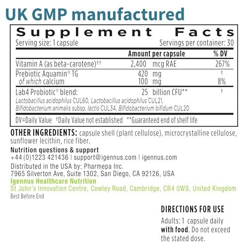 Igennus Probiotika & Präbiotikum 2 in 1, Lactobacillus Acidophilus & Bifidobacterium, Darmgesundheit, lebende Kulturen + Lab4, garantierte 25 Milliarden KBE, für Frauen & Männer, nicht blähend, ohne Gentechnik, 30 Kapseln