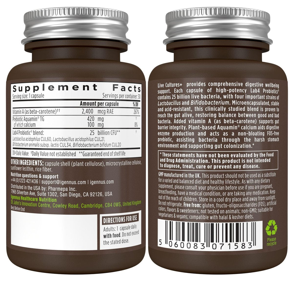 Igennus Probiotika & Präbiotikum 2 in 1, Lactobacillus Acidophilus & Bifidobacterium, Darmgesundheit, lebende Kulturen + Lab4, garantierte 25 Milliarden KBE, für Frauen & Männer, nicht blähend, ohne Gentechnik, 30 Kapseln