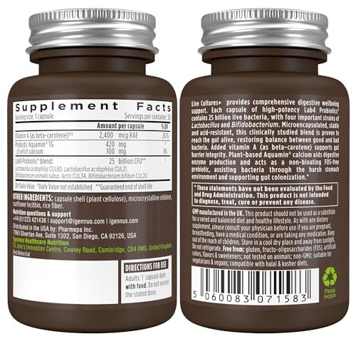 Igennus Probiotika & Präbiotikum 2 in 1, Lactobacillus Acidophilus & Bifidobacterium, Darmgesundheit, lebende Kulturen + Lab4, garantierte 25 Milliarden KBE, für Frauen & Männer, nicht blähend, ohne Gentechnik, 30 Kapseln
