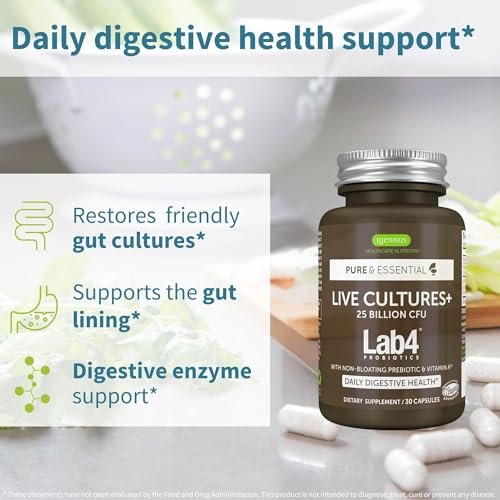 Igennus Probiotika & Präbiotikum 2 in 1, Lactobacillus Acidophilus & Bifidobacterium, Darmgesundheit, lebende Kulturen + Lab4, garantierte 25 Milliarden KBE, für Frauen & Männer, nicht blähend, ohne Gentechnik, 30 Kapseln