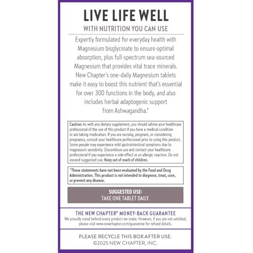 New Chapter Magnesium + Ashwagandha Nahrungsergänzungsmittel, 325 mg mit Magnesiumglycinat für Muskelentspannung & Erholung, Herz-, Nerven- und Knochengesundheit, 2,5-fache Absorption, Nicht-GVO - 60 Kapseln (2 Monate Vorrat)