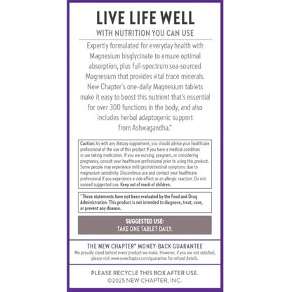 New Chapter Magnesium + Ashwagandha Nahrungsergänzungsmittel, 325 mg mit Magnesiumglycinat für Muskelentspannung & Erholung, Herz-, Nerven- und Knochengesundheit, 2,5-fache Absorption, Nicht-GVO - 60 Kapseln (2 Monate Vorrat)