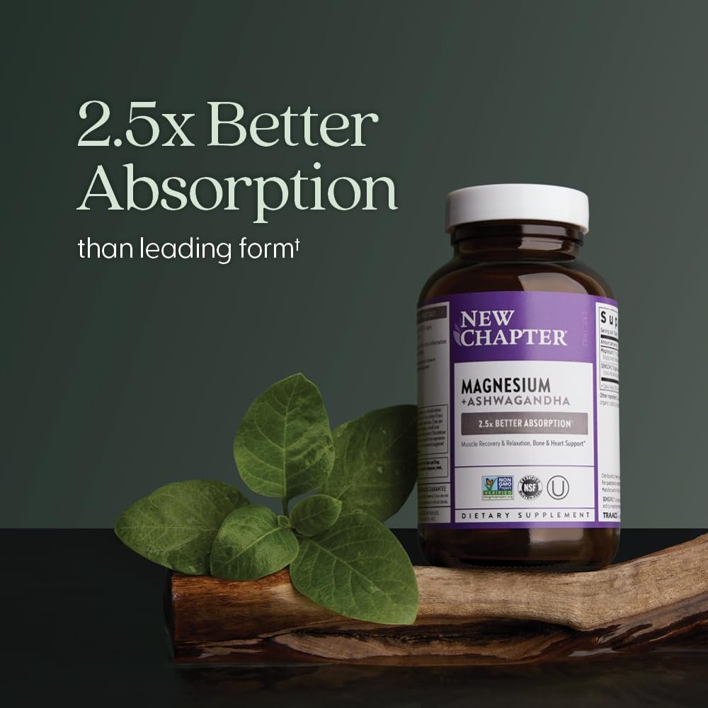 New Chapter Magnesium + Ashwagandha Nahrungsergänzungsmittel, 325 mg mit Magnesiumglycinat für Muskelentspannung & Erholung, Herz-, Nerven- und Knochengesundheit, 2,5-fache Absorption, Nicht-GVO - 60 Kapseln (2 Monate Vorrat)